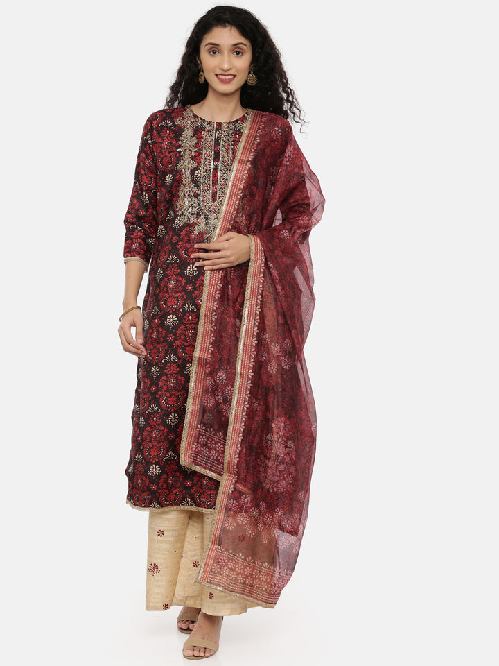 Neerus Brown embellished zari kurta set with palazzo and dupatta - front view