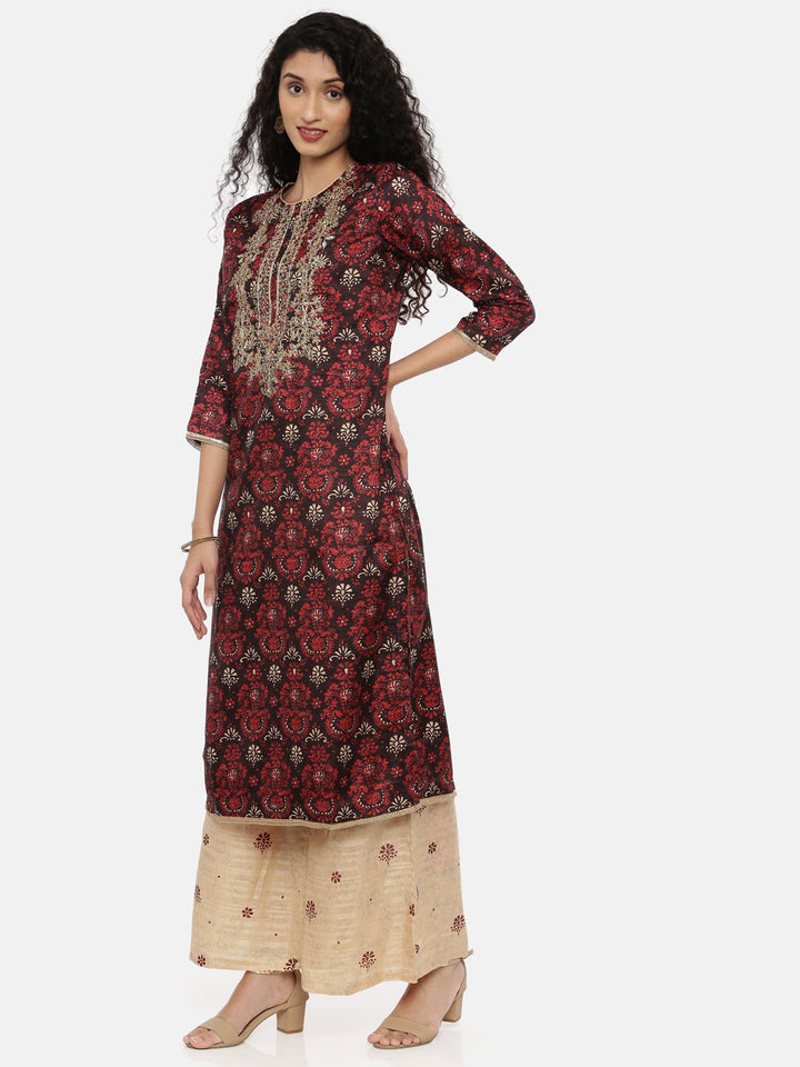 Neerus Brown embellished zari kurta set with palazzo and dupatta - detail view 2