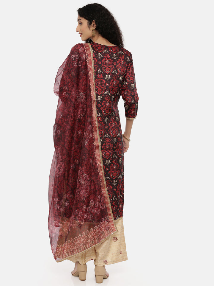 Neerus Brown embellished zari kurta set with palazzo and dupatta - side view