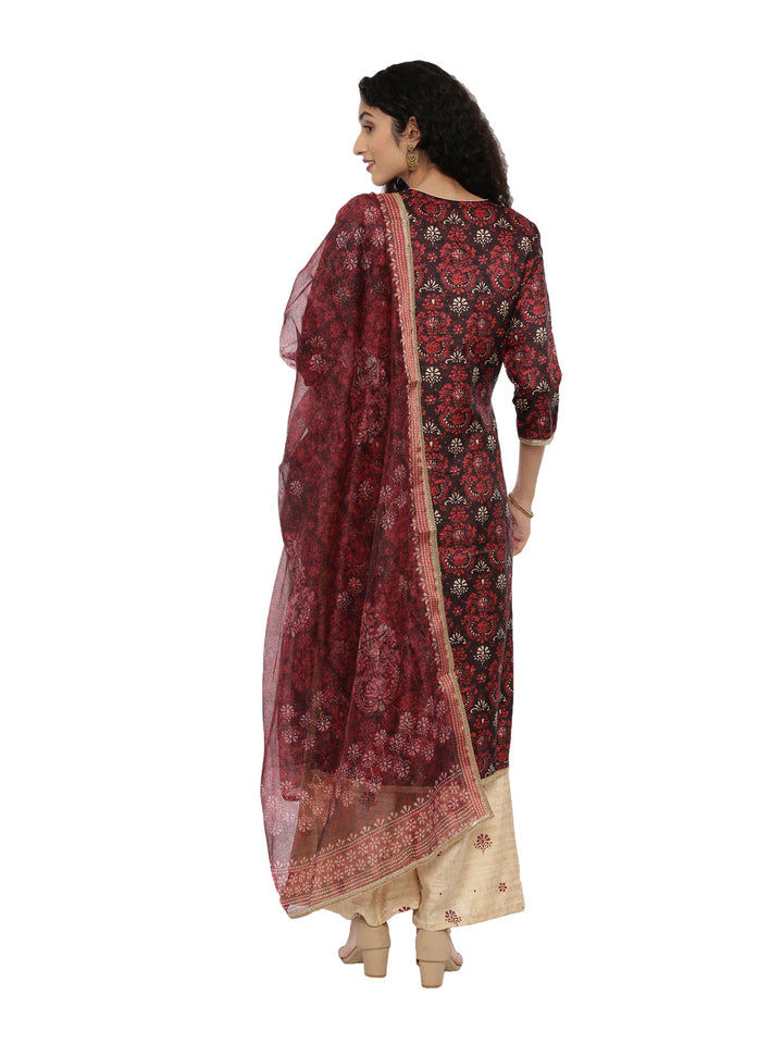 Neerus Brown embellished zari kurta set with palazzo and dupatta - detail view 1