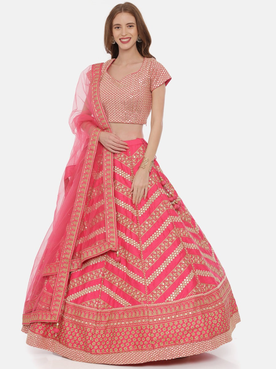 Neerus Pink silk embellished lehenga ghagra set - front view