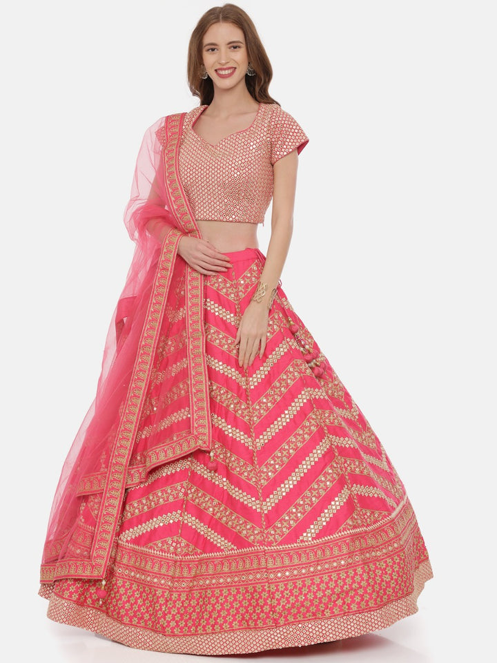 Neerus Pink silk embellished lehenga ghagra set - front view