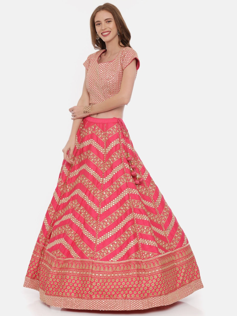Neerus Pink silk embellished lehenga ghagra set - back view