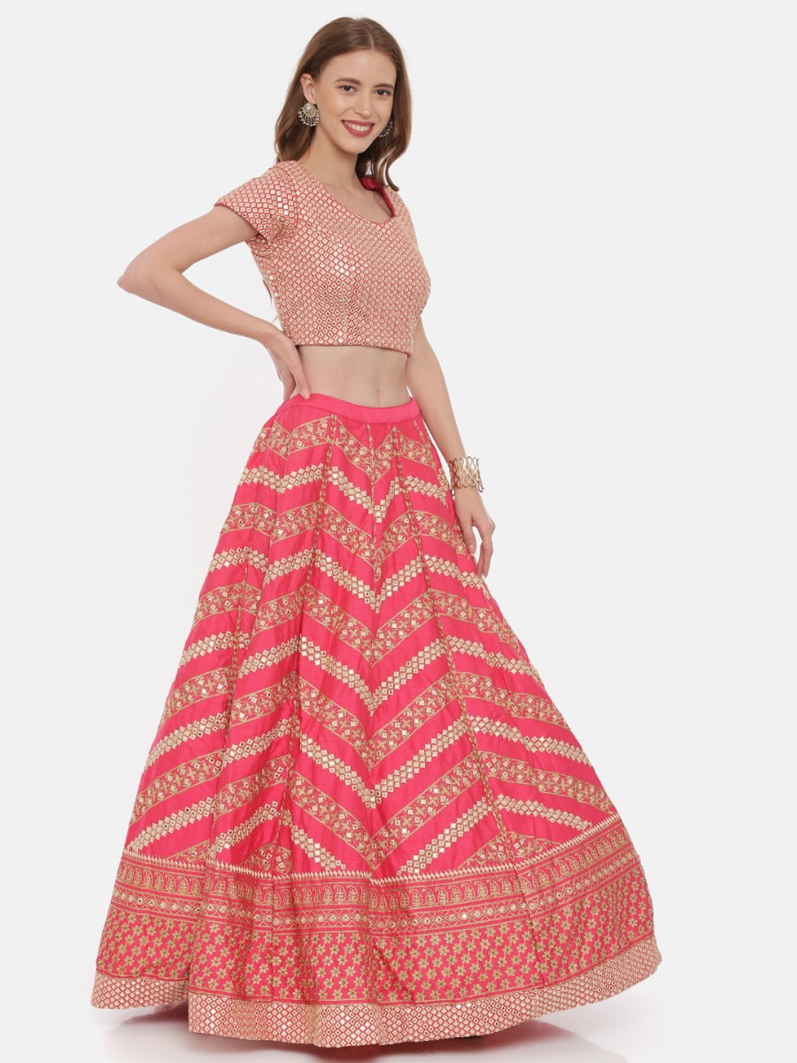 Neerus Pink silk embellished lehenga ghagra set - side view