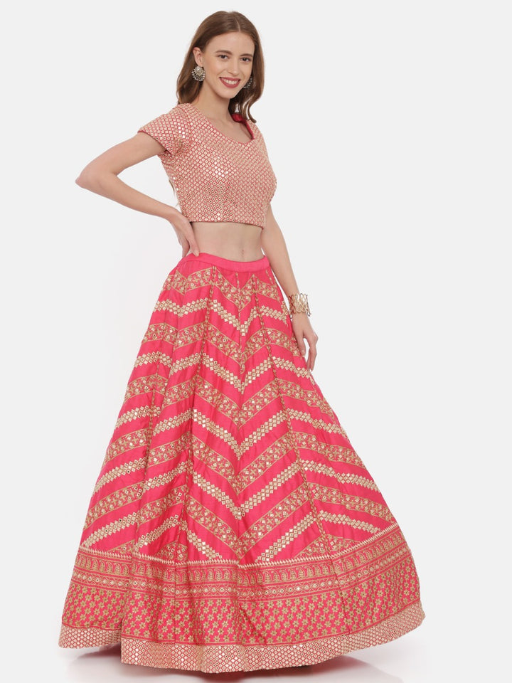 Neerus Pink silk embellished lehenga ghagra set - side view