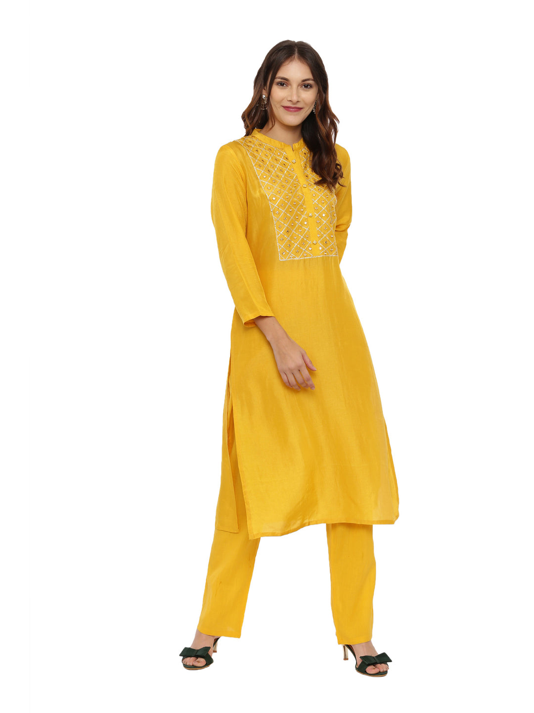 Neerus Yellow Embellished Kurta Pant Set