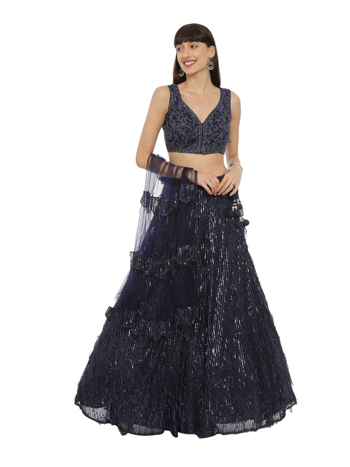 Neerus Blue net embellished lehenga set - front view