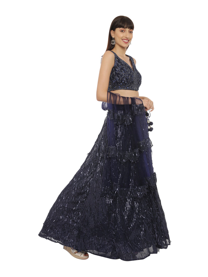 Neerus Blue net embellished lehenga set - detail view 1