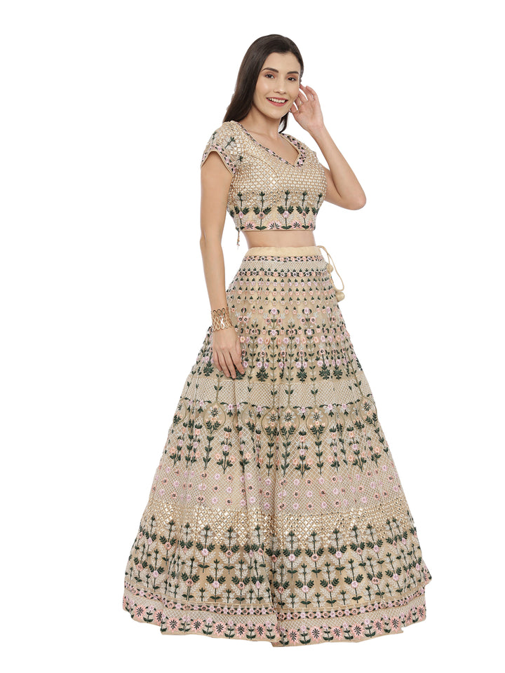 Neerus Gold Color Nett Fabric Ghagra Set