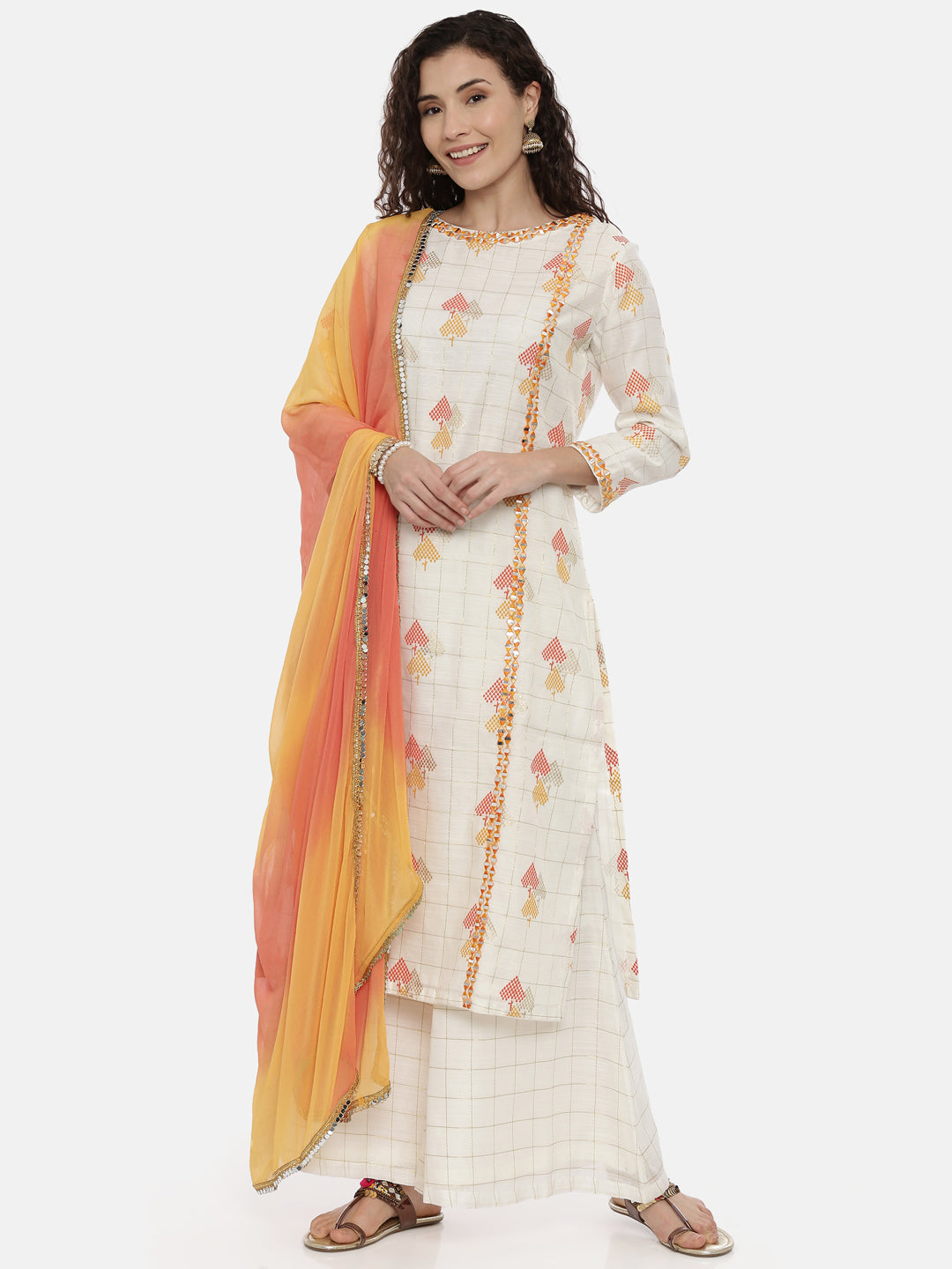 Neeru's Off White Embroidered Kurta With Skirt & Dupatta
