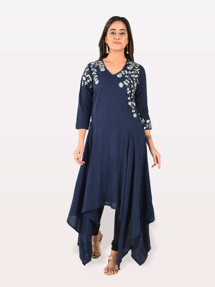 Neerus Blue Rayon Solid Kurti - detail view 2