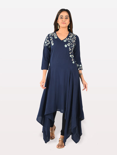 Neerus Women Navy Blue Color Slub Rayon Fabric Tunic