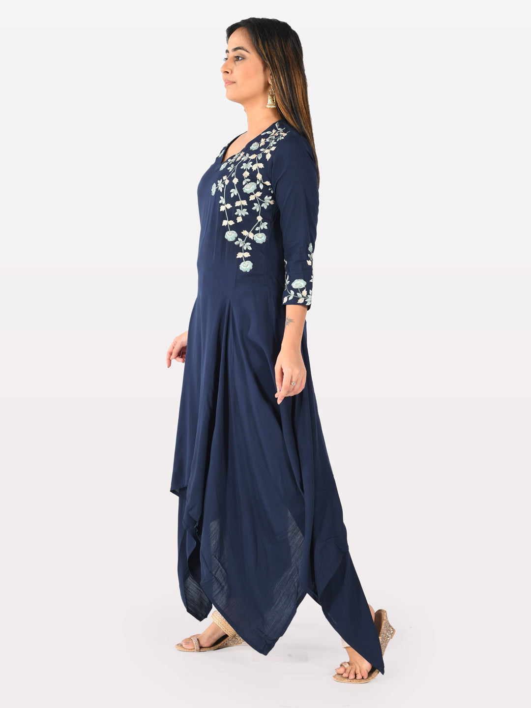 Neerus Women Navy Blue Color Slub Rayon Fabric Tunic