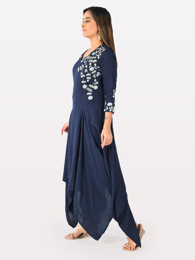 Neerus Women Navy Blue Color Slub Rayon Fabric Tunic
