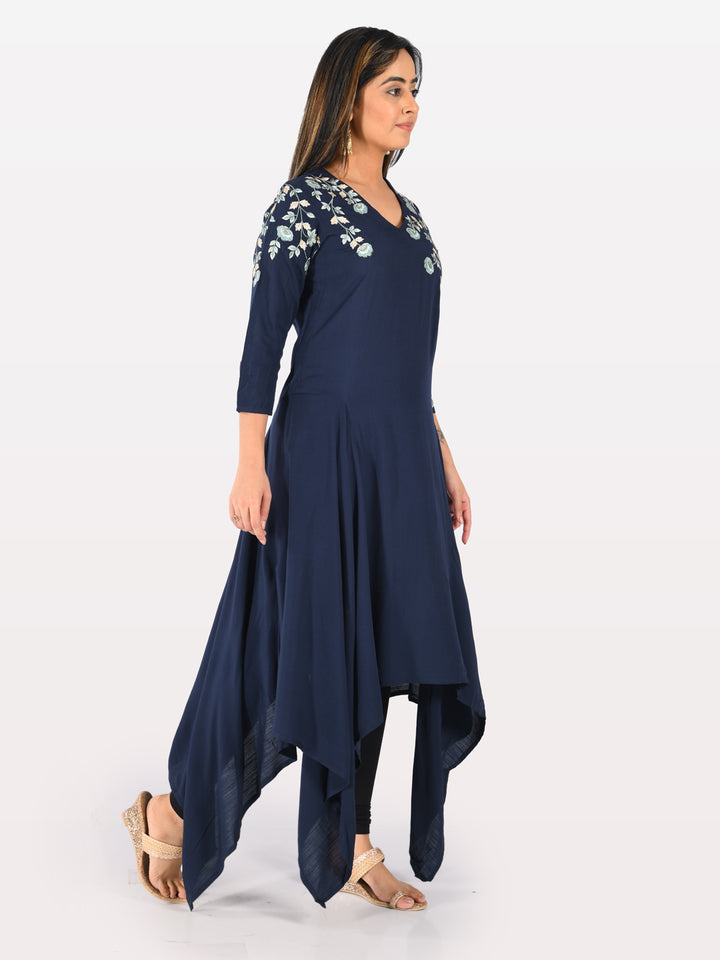 Neerus Blue Rayon Solid Kurti - back view