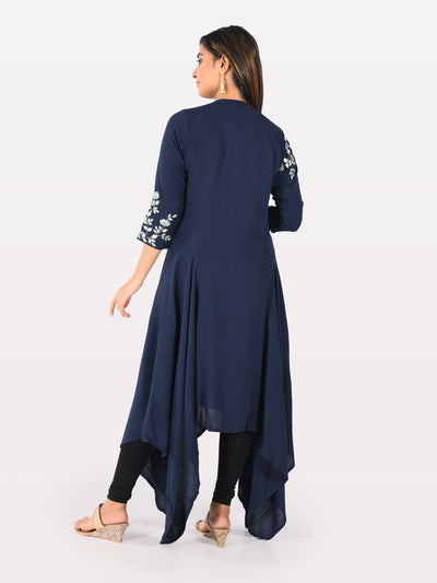 Neerus Women Navy Blue Color Slub Rayon Fabric Tunic
