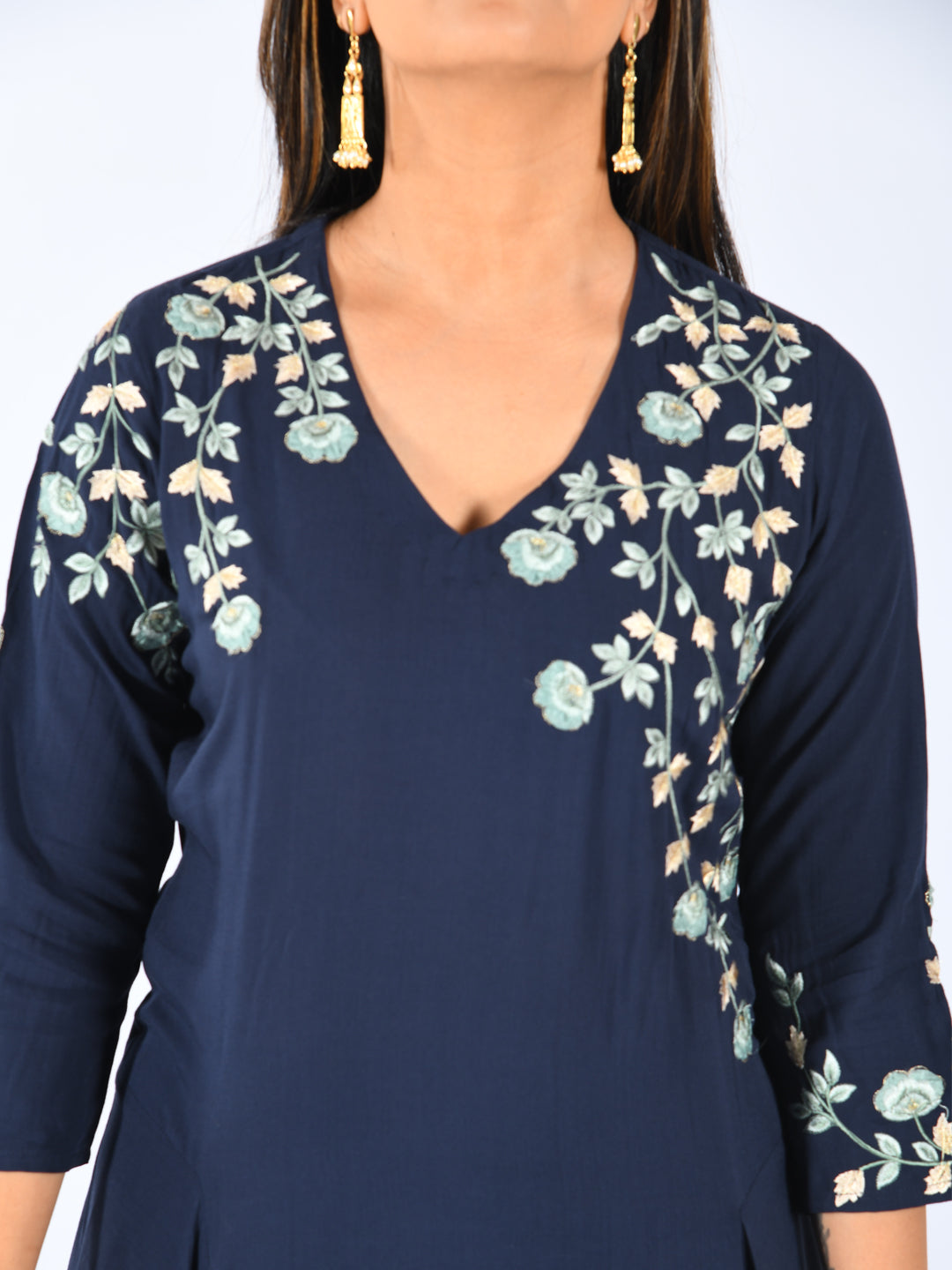 Neerus Women Navy Blue Color Slub Rayon Fabric Tunic