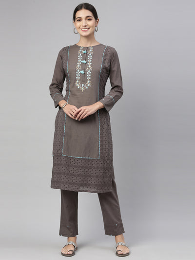 Neeru'S grey color, cotton fabric kurta set