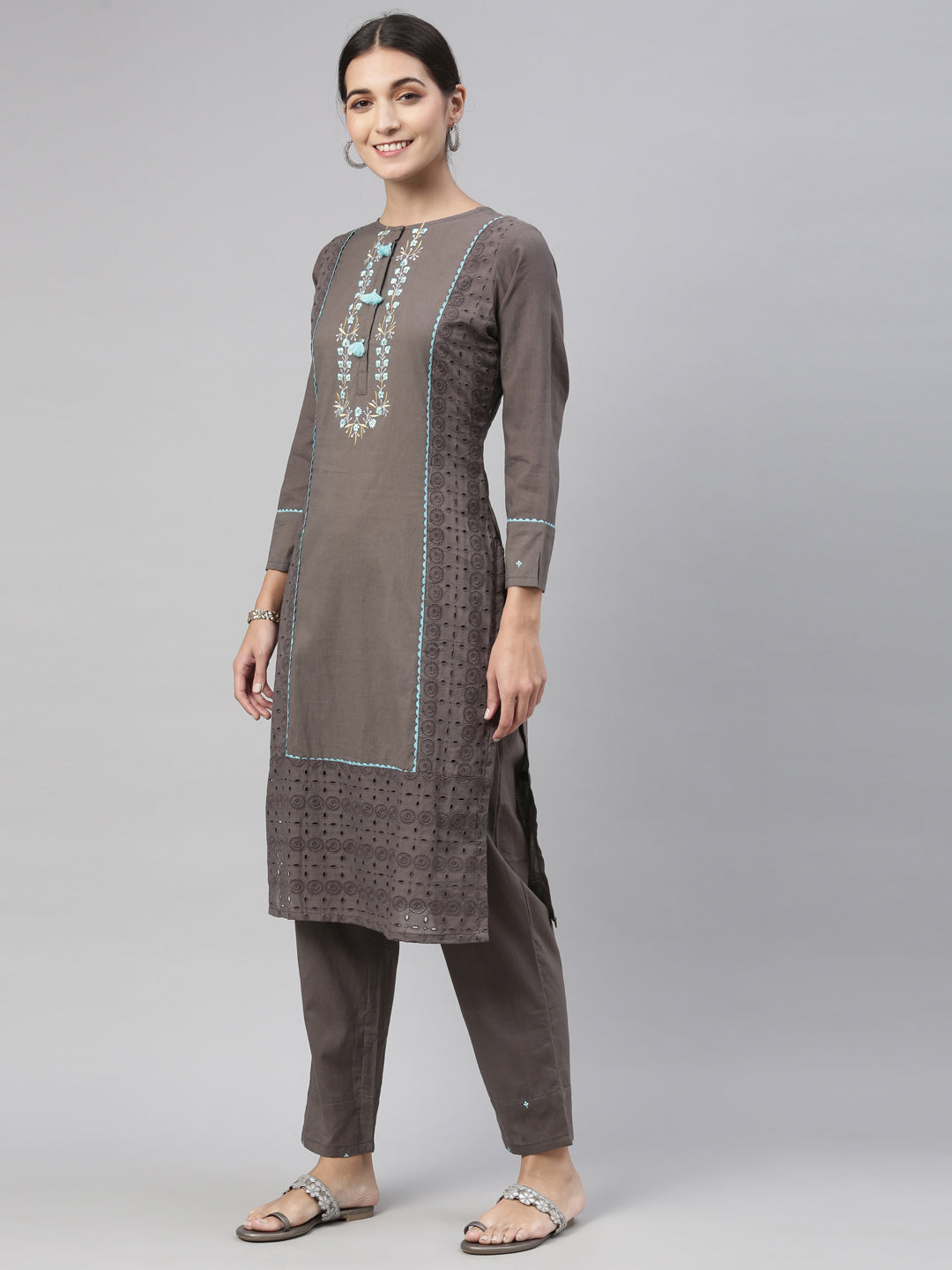 Neeru'S grey color, cotton fabric kurta set