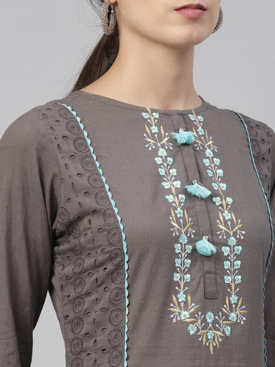 Neeru'S grey color, cotton fabric kurta set