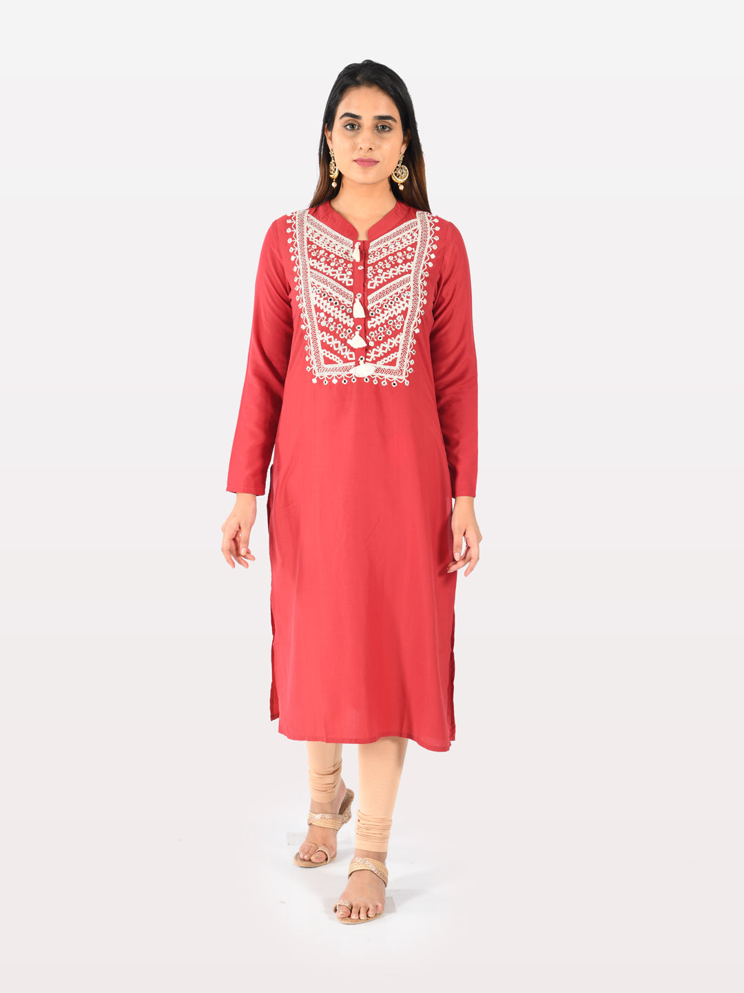 Neerus Women Red Color Muslin Fabric Tunic