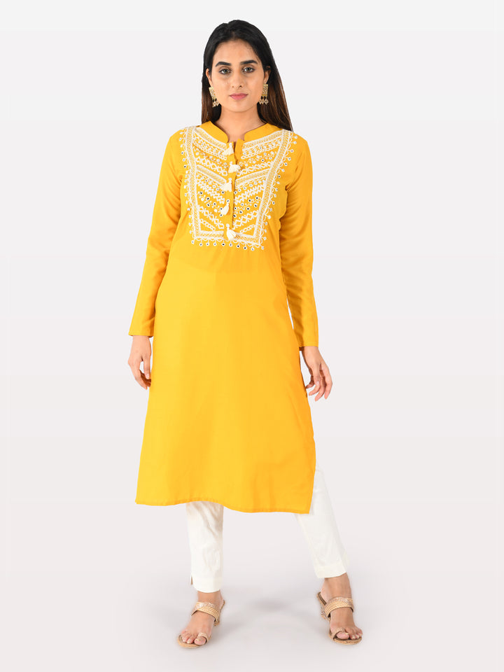 Neerus Yellow Embroidered Straight Kurta
