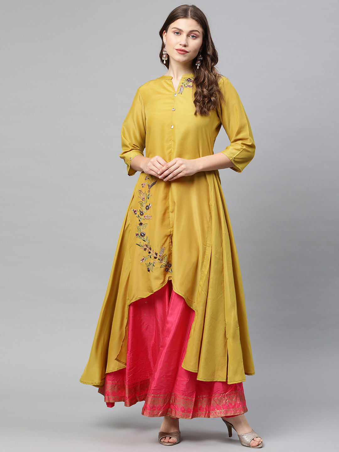 Neerus Yellow Embroidered High Low Kurta