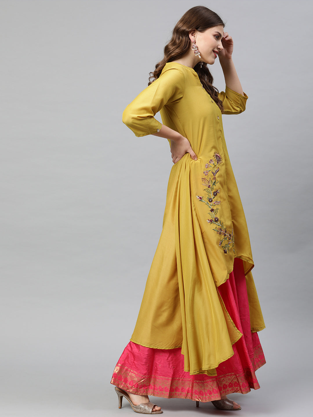 Neerus Yellow Embroidered High Low Kurta