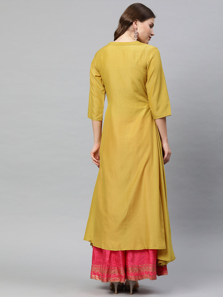 Neerus Yellow Embroidered High Low Kurta