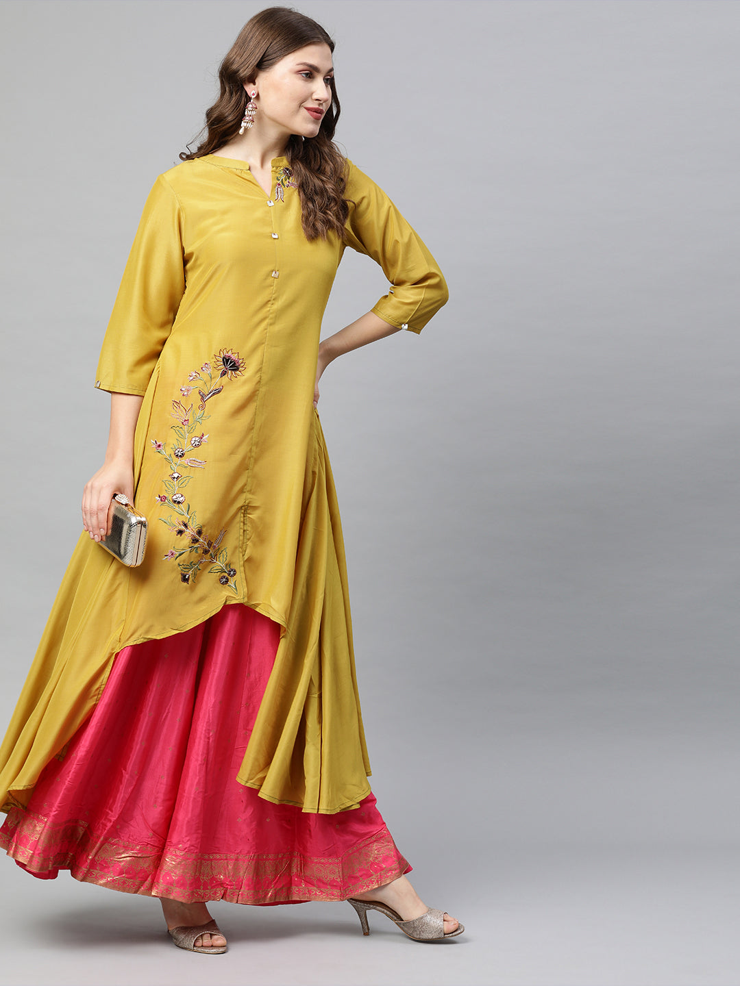 Neerus Yellow Embroidered High Low Kurta