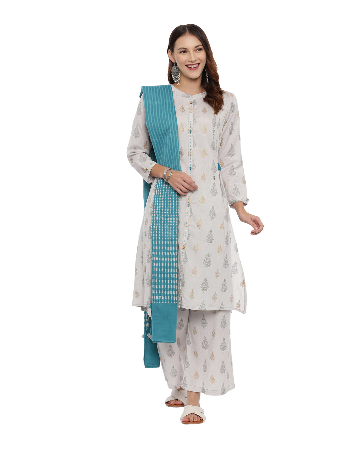 Neerus Grey Printed Kurta With Palazzo & Dupatta