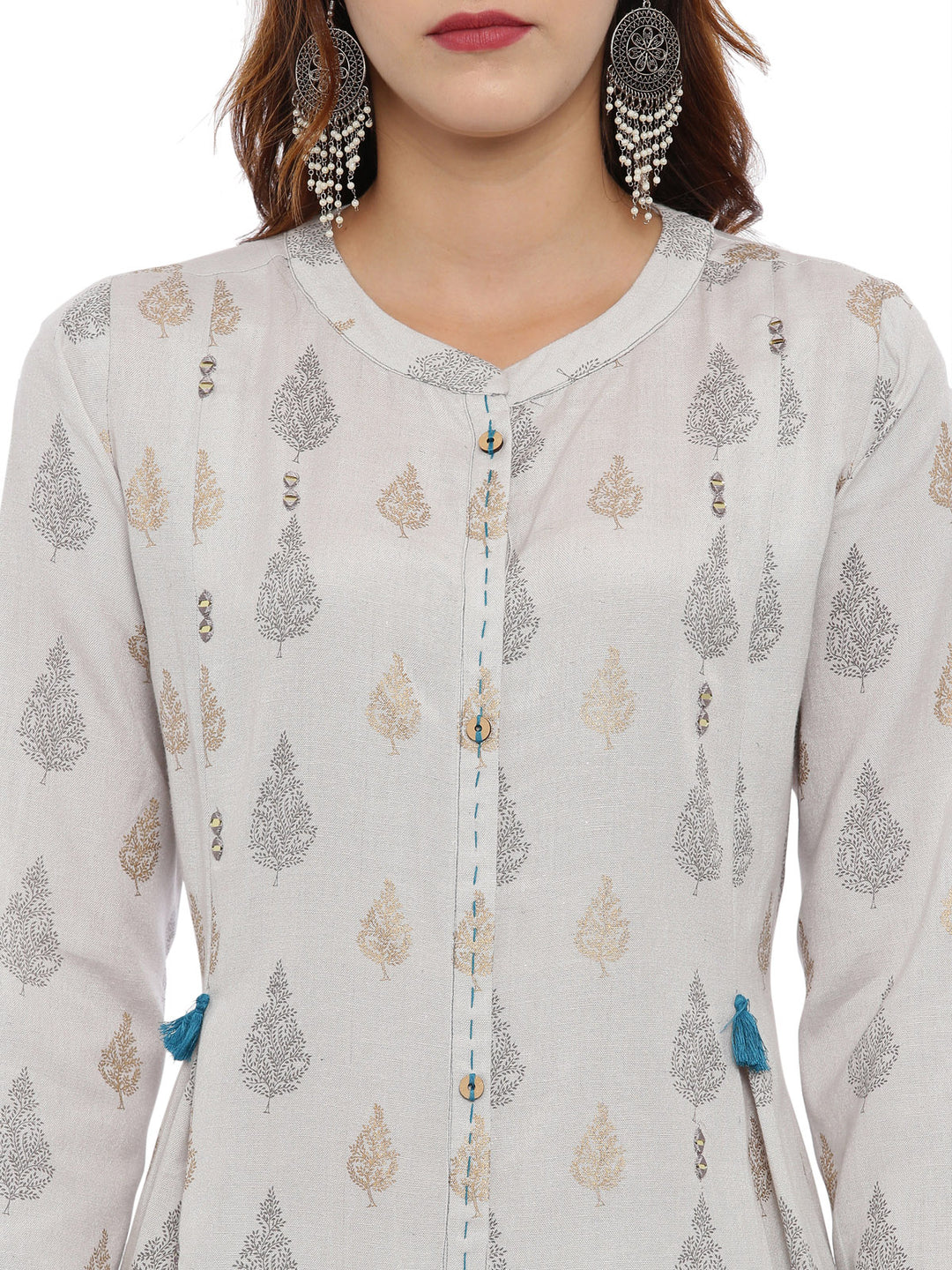 Neerus Grey Printed Kurta With Palazzo & Dupatta
