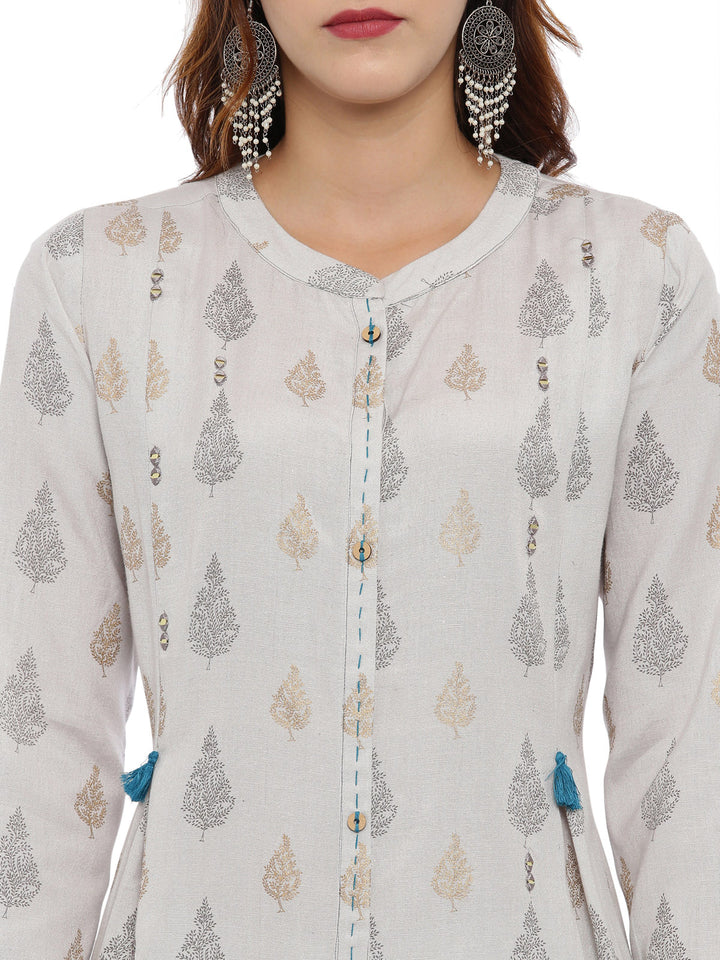 Neerus Grey Printed Kurta With Palazzo & Dupatta
