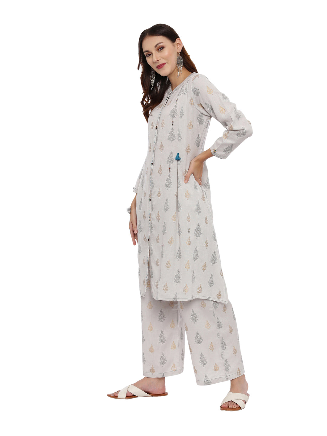 Neerus Grey Printed Kurta With Palazzo & Dupatta