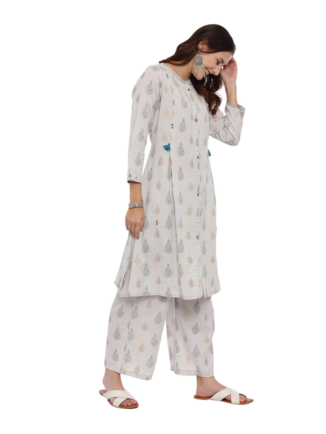 Neerus Grey Printed Kurta With Palazzo & Dupatta