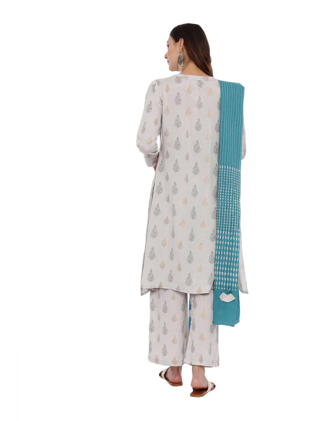Neerus Grey Printed Kurta With Palazzo & Dupatta
