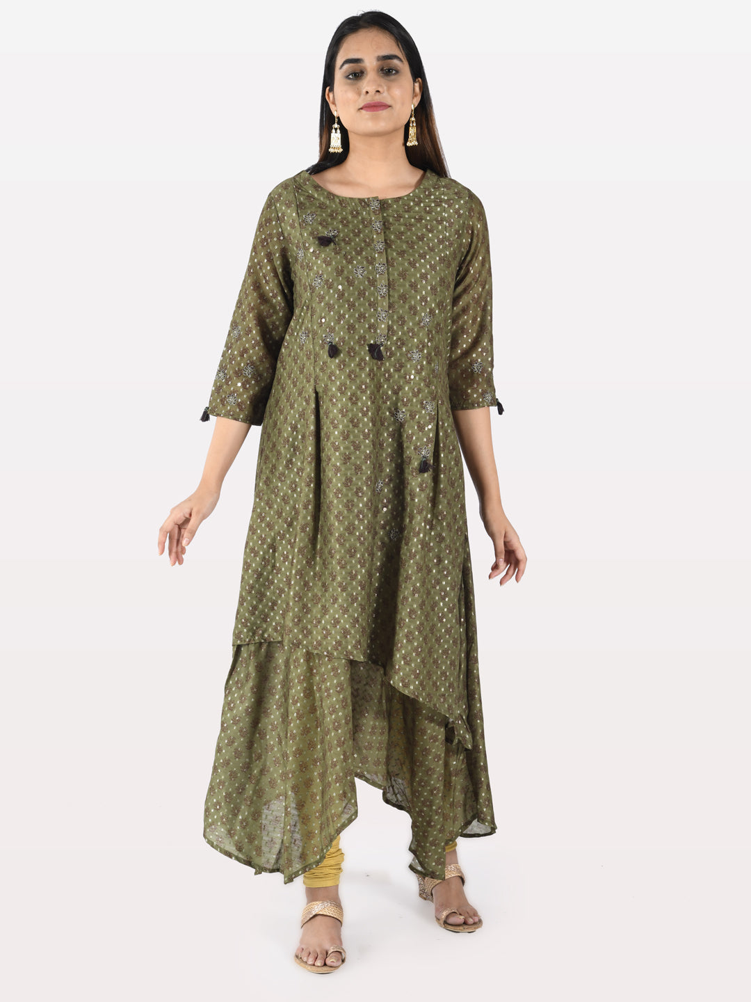 Neerus Green Chanderi printed kurti - front view