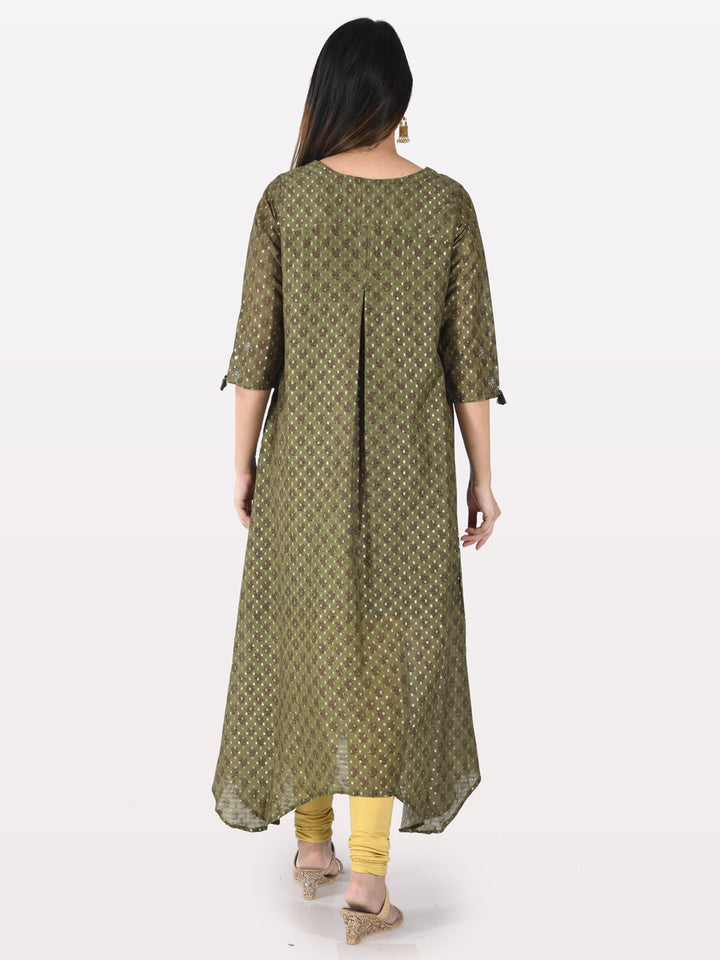 Neerus Green Chanderi printed kurti - back view