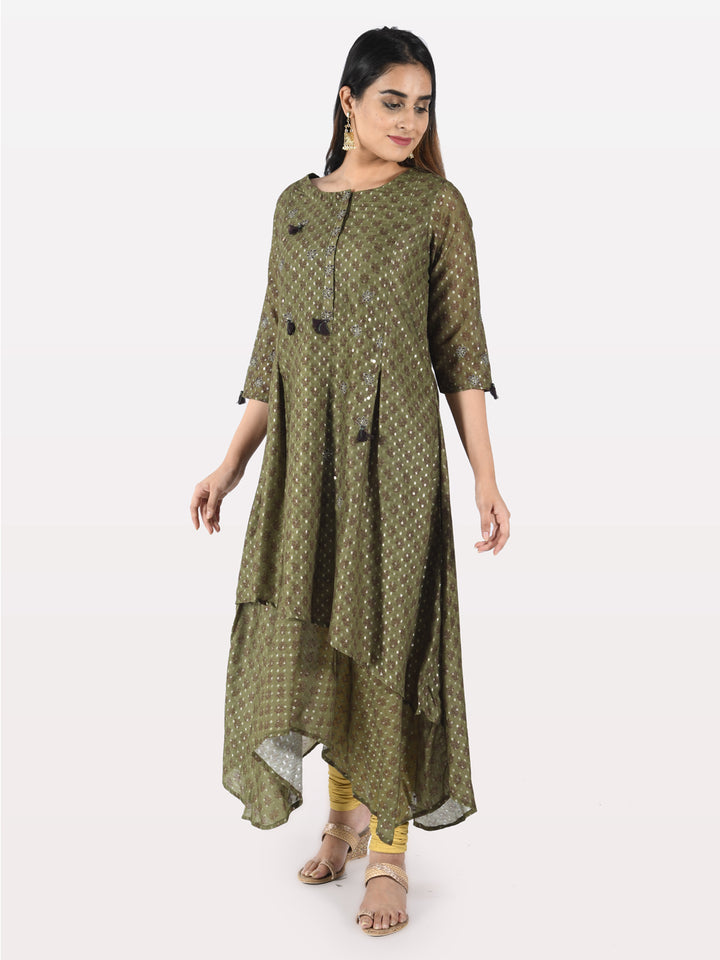 Neerus Green Chanderi printed kurti - side view