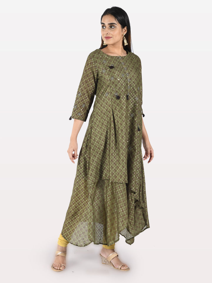 Neerus Green Chanderi printed kurti - detail view 1