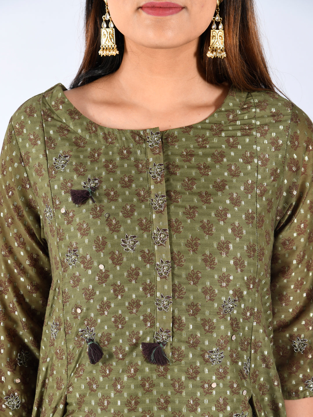 Neerus Green Chanderi printed kurti - detail view 2