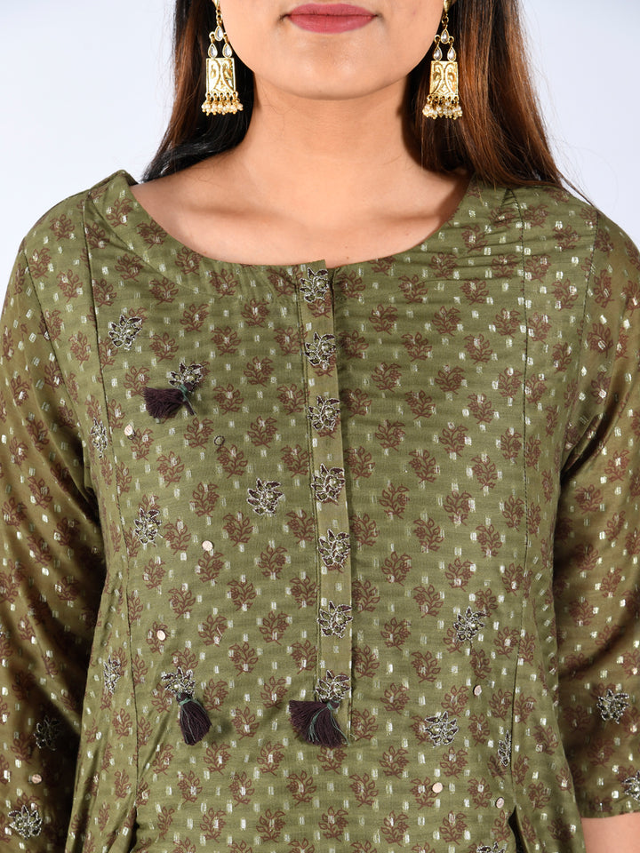 Neerus Green Chanderi printed kurti - detail view 2