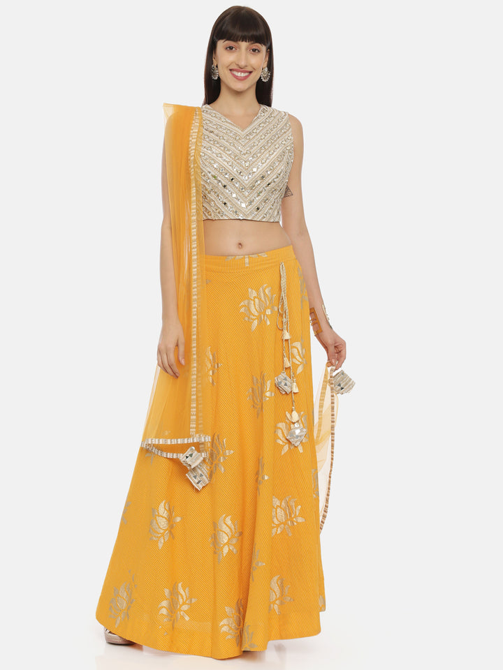 Neerus Beige & Yellow Embellished Lehenga Set