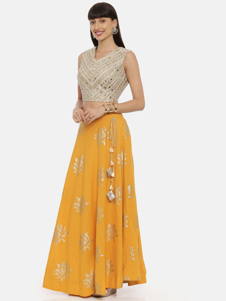 Neerus Beige & Yellow Embellished Lehenga Set