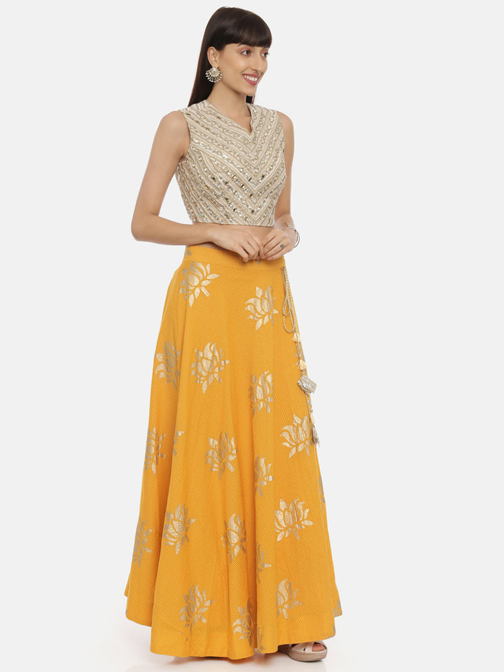 Neerus Beige & Yellow Embellished Lehenga Set