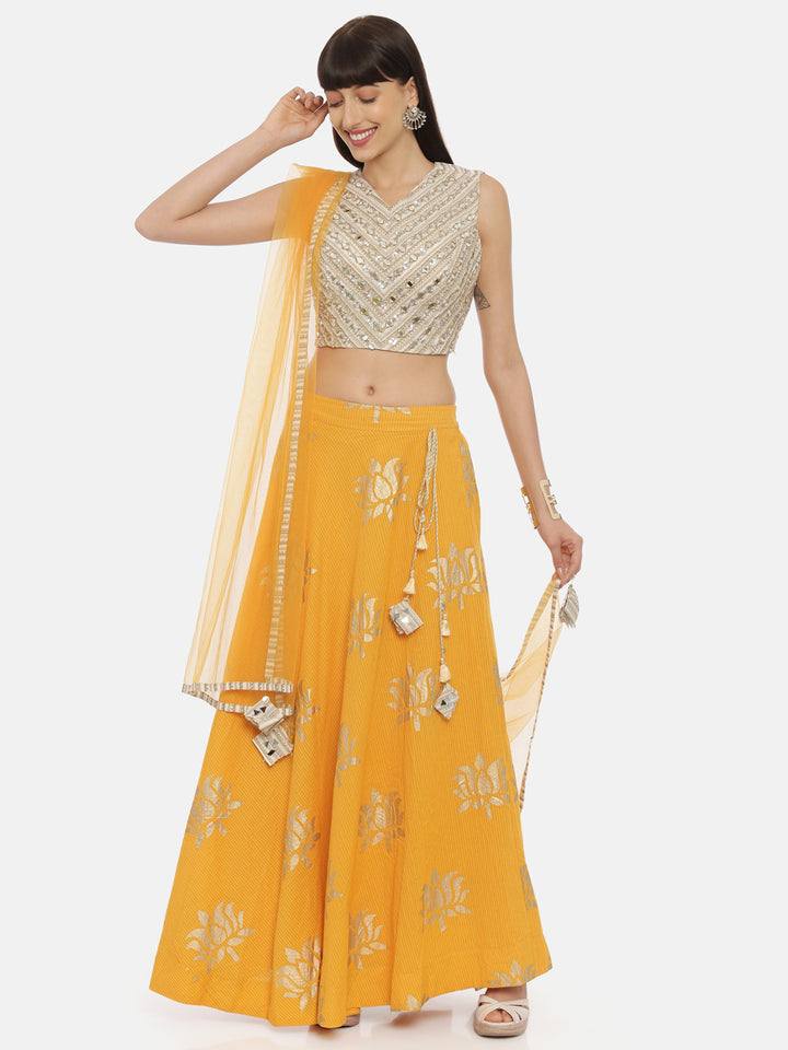 Neerus Beige & Yellow Embellished Lehenga Set