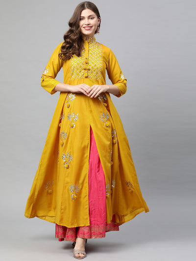 Neeru's Women Mustard Yellow Solid Gotta Patti Detailed A-Line Kurta