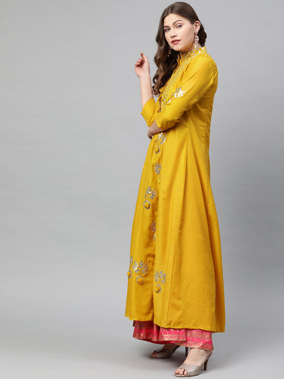 Neeru's Women Mustard Yellow Solid Gotta Patti Detailed A-Line Kurta