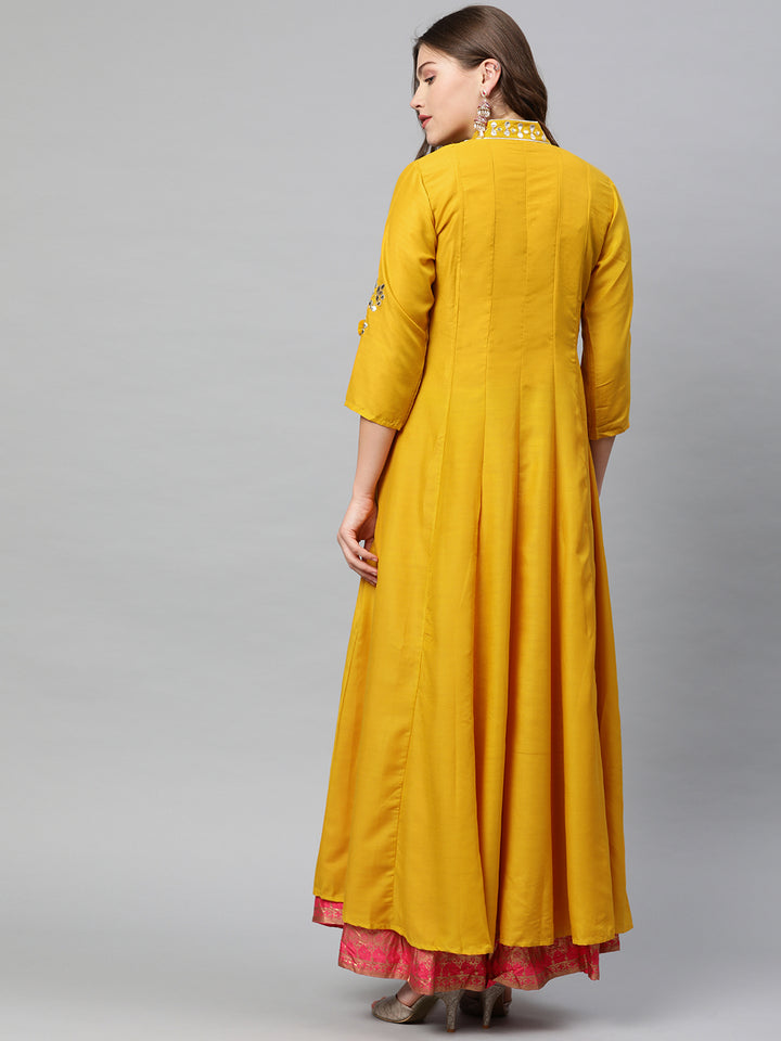 Neerus Yellow muslin embellished A-line kurta - detail view 1