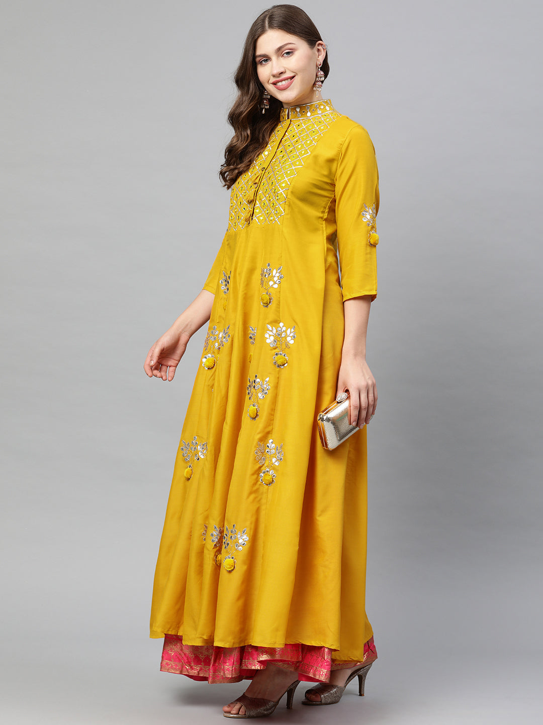 Neeru's Women Mustard Yellow Solid Gotta Patti Detailed A-Line Kurta